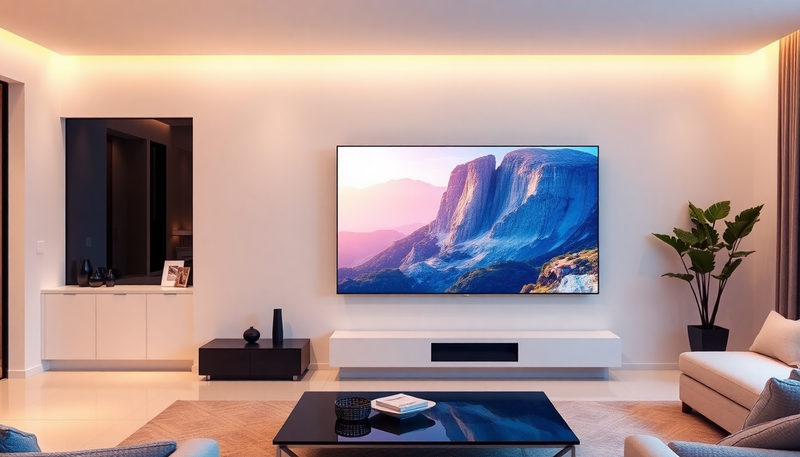 Modern living room showcasing a high-definition smart TV displaying a scenic mountain view.