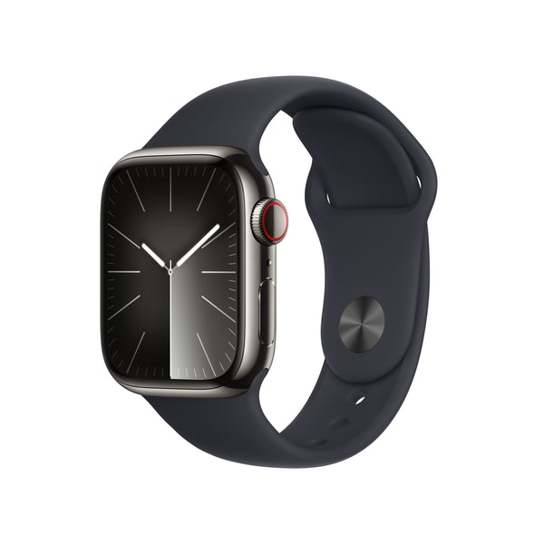 Apple Watch Series 9 GPS + Cellular 41m Graphite Stainless Steel Case with Midnight Sport Band Strap - M/L