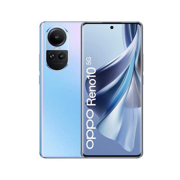 OPPO Reno RENO10 Smartphone 5G, AI Tripla fotocamera 64+32+8MP, Selfie 32MP, Display 6.7" 120HZ AMOLED, 5000 mAh, RAM 8GB (Esp. fino 16GB) + ROM 256GB, [Versione Italia], Colore Ice Blue