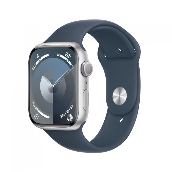 APPLE WATCH MR9D3QL/A Series 9 GPS 45mm Silver Aluminium Case with Storm Blue Sport Band - S/M