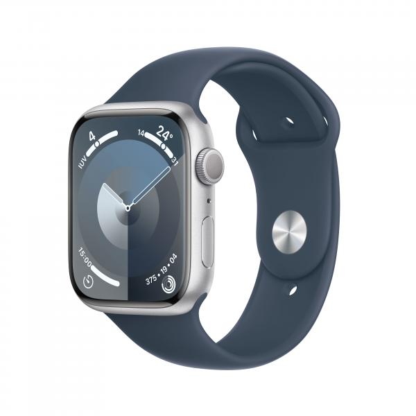 Apple Watch Series 9 GPS Cassa 45mm in Alluminio Argento con Cinturino Sport Blu Tempesta - M/L - EUROBABYLON