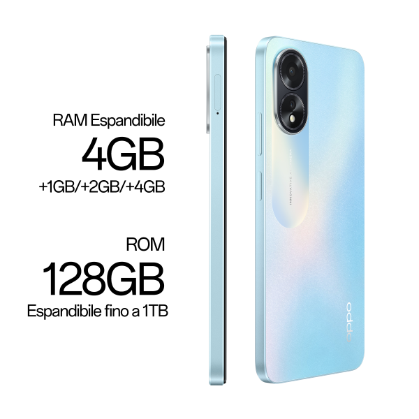 OPPO A18 4G Smartphone, AI Doppia fotocamera 8+2MP, Selfie 5MP, Display 6.56 90HZ LCD HD+, 5000mAh, RAM 8 GB (4+4) + ROM 128GB, IP54, [Versione Italia],Glowing Blue - EUROBABYLON