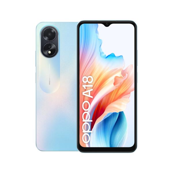 OPPO A18 4G Smartphone, AI Doppia fotocamera 8+2MP, Selfie 5MP, Display 6.56 90HZ LCD HD+, 5000mAh, RAM 8 GB (4+4) + ROM 128GB, IP54, [Versione Italia],Glowing Blue - EUROBABYLON