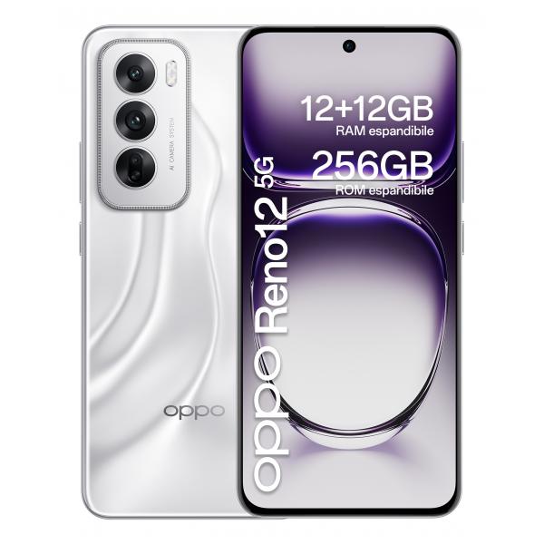 OPPO Reno12 5G AI Smartphone, Tripla fotocamera 50+8+2MP, Selfie 32MP, Display 6.7 120HZ AMOLED FHD+, 5000mAh, RAM 24 GB (12+12) + ROM 256GB, [Versione Italia], Astro Silver