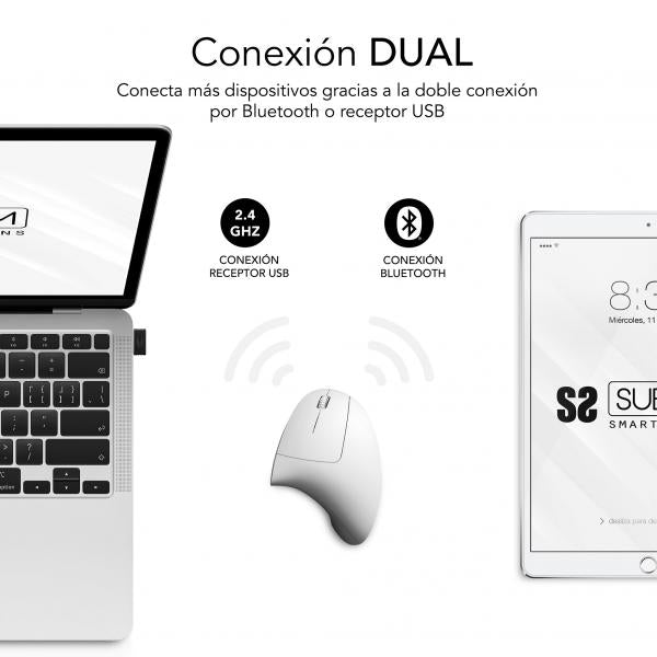 SUBBLIM RATON OPTICO DUAL GLIDE VERTICAL ERGO DUAL BATERIA BLANCO mouse Universale Mano destra Bluetooth + USB Type-A Ottico 1600 DPI