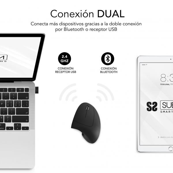 SUBBLIM RATON OPTICO DUAL GLIDE VERTICAL ERGO DUAL BATERIA NEGRO mouse Universale Mano destra Bluetooth + USB Type-A Ottico 1600 DPI