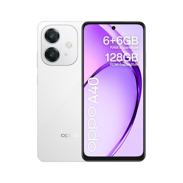 OPPO A40 Smartphone, Fotocamera AI 50MP, Selfie 5MP, Display 6.67 90HZ LCD HD+, 5100mAh, RAM 12 GB (6+6) + ROM 128GB, IP54, [Versione Italia], Starlight White - EUROBABYLON