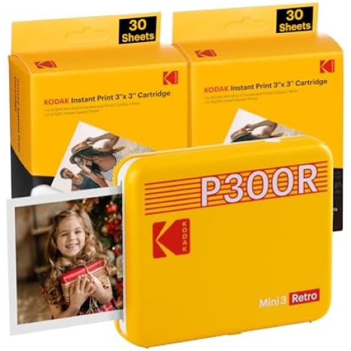 KODAK MINI 3 RETRO INSTANT PHOTO PRINTER P300R YELLOW 3X3 + 60SHEETS - EUROBABYLON  #