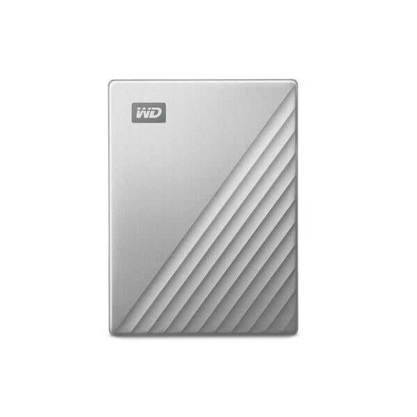 Western Digital 2TB external hard drive in silver finish with a sleek metallic design.