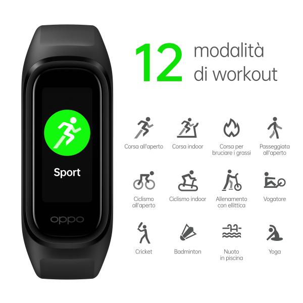 OPPO Band Sport Tracker Smartwatch con Display AMOLED a Colori 1.1'' 5ATM Carica Magnetica, Impermeabile 50m, Pedometro Fitness Cinturino Cardiofrequenzimetro, Versione Italia, Colore Black - EUROBABYLON