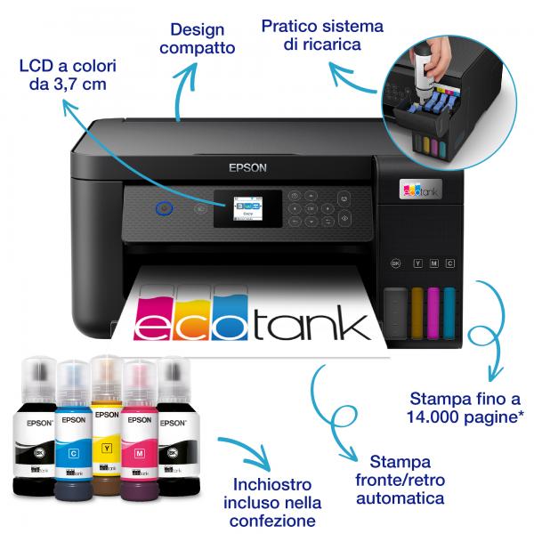 Epson EcoTank ET-2850 stampante multifunzione inkjet 3-in-1 A4, serbatoi ricaricabili alta capacità, 5 flaconi inclusi pari a 14000pag B/N 5200pag colore, Wi-FI Direct, USB - EUROBABYLON