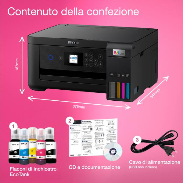 Epson EcoTank ET-2850 stampante multifunzione inkjet 3-in-1 A4, serbatoi ricaricabili alta capacità, 5 flaconi inclusi pari a 14000pag B/N 5200pag colore, Wi-FI Direct, USB - EUROBABYLON