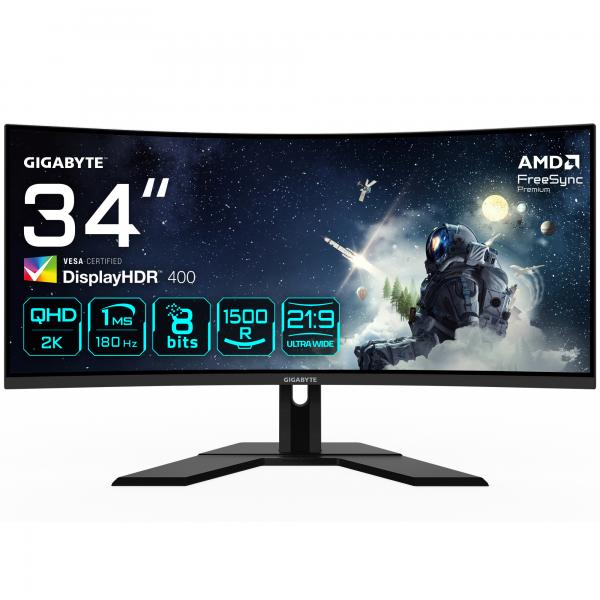 GIGABYTE G34WQCP Monitor Gaming Curvo UWQHD 34" - 3440 x 1440, 1500R, 180Hz, 1ms, 350 cd/m, AMD FreeSync Premium, DisplayHDR 400, HDMI 2.0, DisplayPort 1.4 - EUROBABYLON