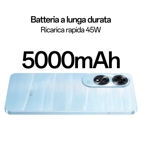OPPO A60 Smartphone, AI Doppia Fotocamera 50+2MP, Selfie 8MP, Display 6.67 90HZ LCD HD+, 5000mAh, RAM 8(Esp4GB/6GB/8GB)+ROM 256GB (esp1TB), IP65, Ripple Blue - EUROBABYLON