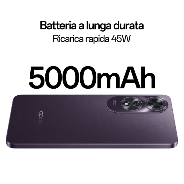 OPPO A60 Smartphone, AI Doppia Fotocamera 64+2MP, Selfie 8MP, Display 6.67 90HZ AMOLED HD+, 5000mAh, RAM 8(Esp4GB/6GB/8GB)+ROM 256GB (esp1TB), IP65, Midnight Purple - EUROBABYLON